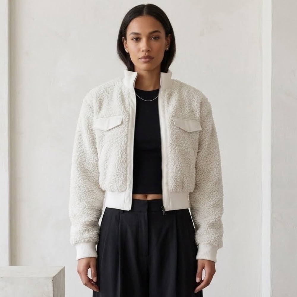 Express x Negin Mirsalehi Cream Faux Fur Sherpa Bomber Jacket Small Zip Up